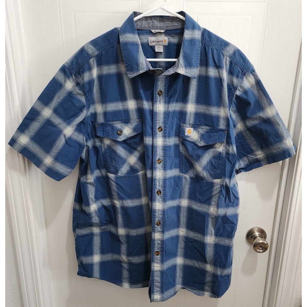 Carhartt Relaxed Fit Button Up Blue Plaid Short Sleeve Shirt Size 2XL 104173 DBL